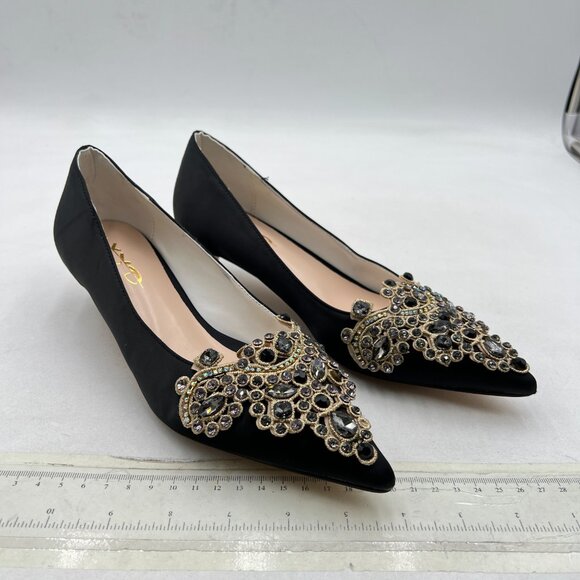 XYD Black Bejeweled Pointed Toe Kitten Low Heels Slip On Pumps Mother of Shoes - Picture 3 of 7